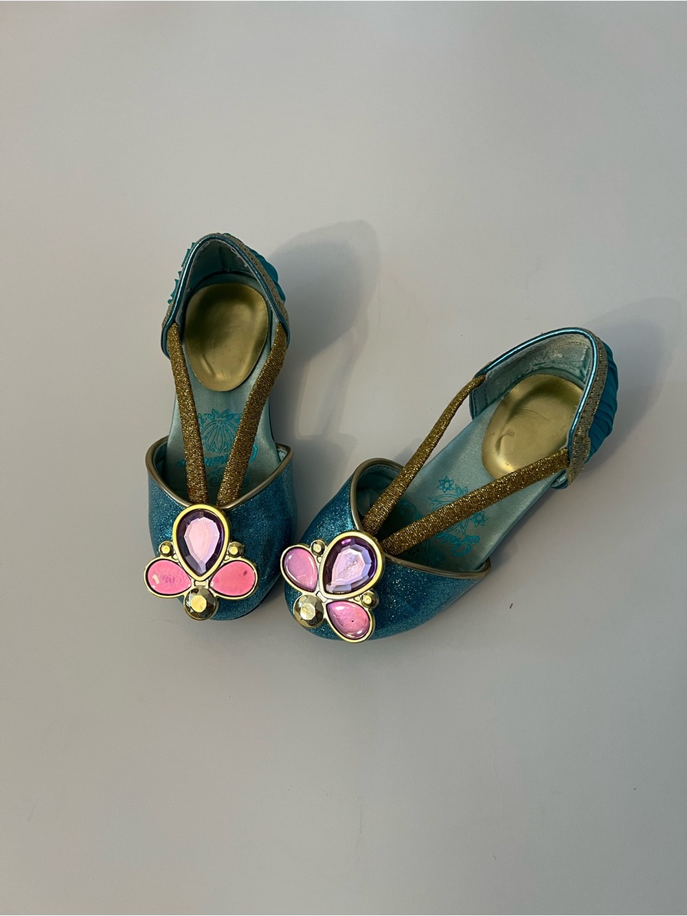 Disney Jasmine’s Teal Glitter Girls' Flats with Pink Gem Flower Embellishments